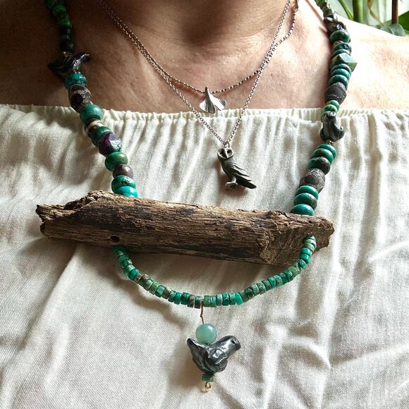 Bohemian OOAK Turquoise, Wood, Ceramic, Aventurine Statement Necklace - Picture 2 of 11